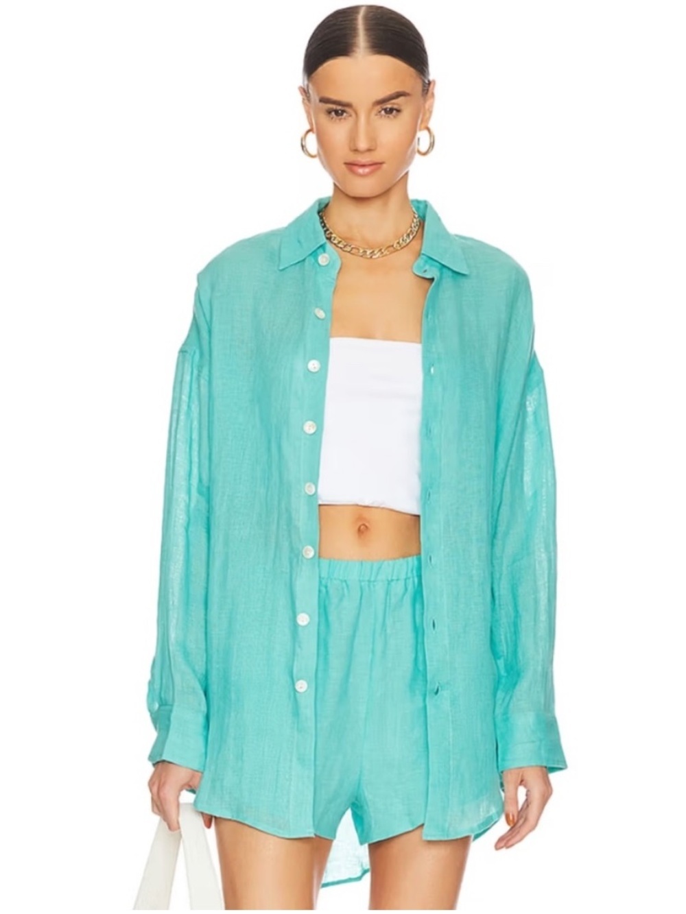 Revolve Vitamin A Playa Oversized Linen Shirt Dress Aqua Blue - Size M